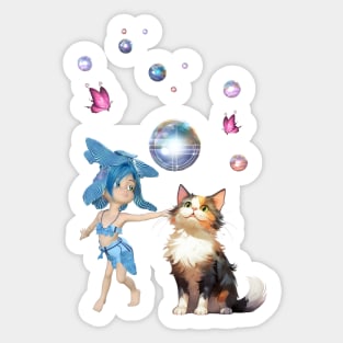 Sweet fairy is playing  with cute cat Sticker